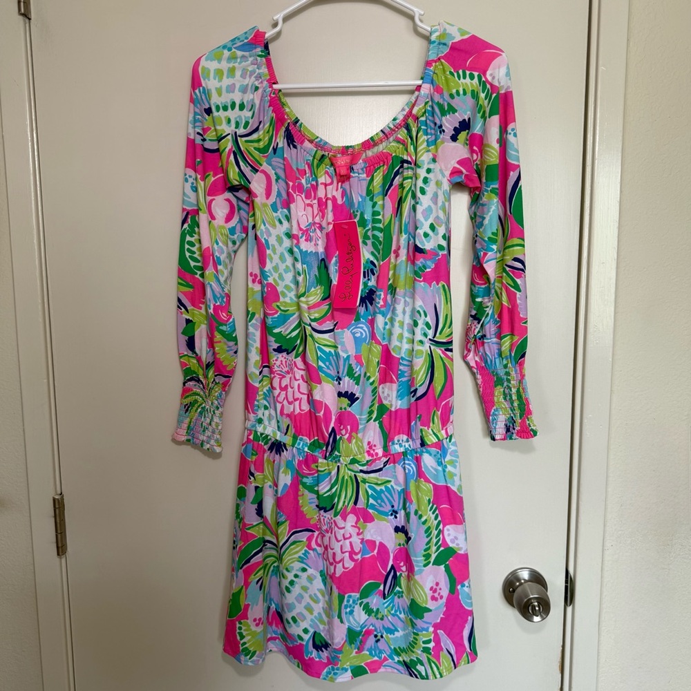 Lilly Pulitzer Lana Skirt Romper XS Pink Tropical Print Long Sleeve Mini Dress - Picture 3 of 14